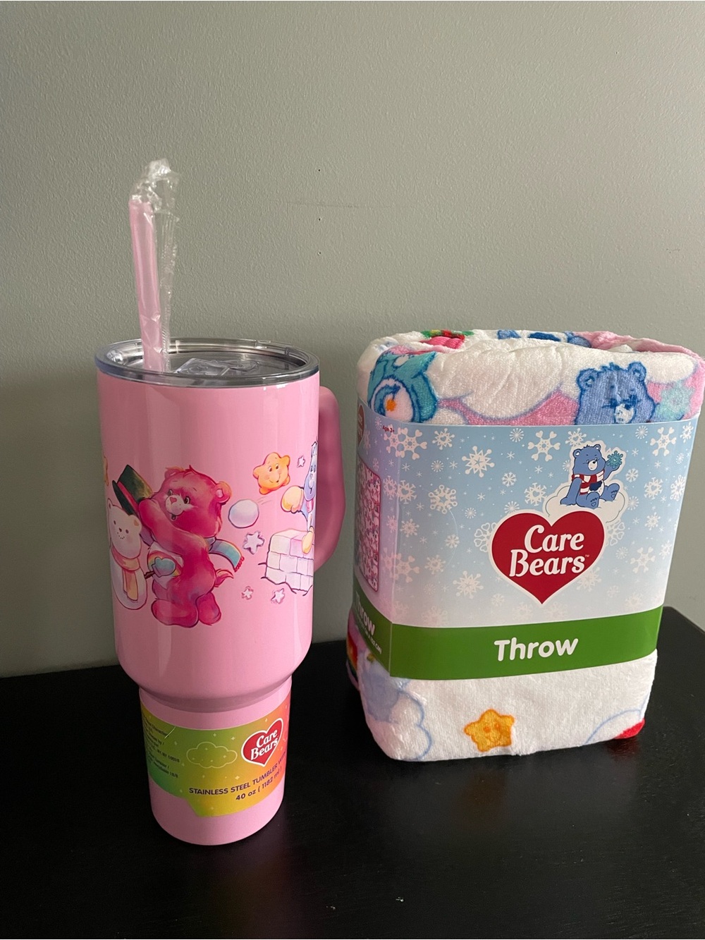 Care Bears Pink Travel Stainless Steel Tumbler 40 oz with Straw & Throw Blanket